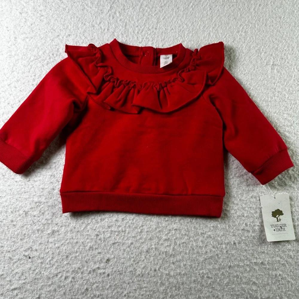 NWT Tucker Tate Baby Girl Red Ruffle Crewneck Sweatshirt 6M Snap‎ Closure